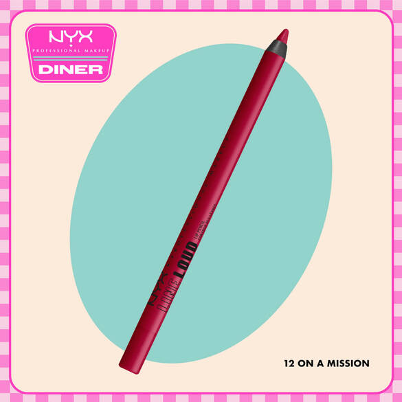 NYX Professional Makeup Lip IV Hydrating Gloss Stain in shade 10 Berry Thirsty displayed diagonally on a beige background with a teal oval and NYX Diner logo.