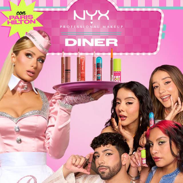NYX Professional Makeup Diner campaign banner with Paris Hilton and models holding lip products, featuring 1 billion lips served and serving lip combos 24/7 with Paris Hilton