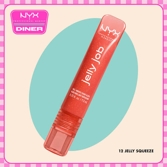 NYX Professional Makeup Jelly Job gloss in shade 12 Jelly Squeeze displayed diagonally on a beige background with a teal oval and NYX Diner logo.