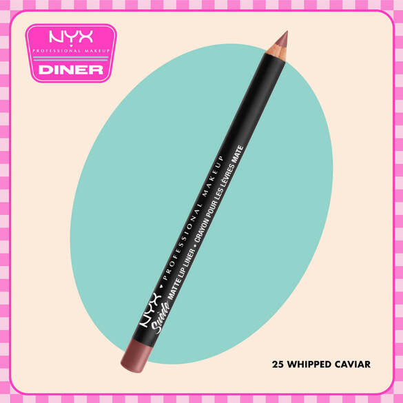 NYX Professional Makeup Suede Matte Lip Liner pencil in shade 25 Whipped Caviar displayed diagonally on a beige background with a teal oval and NYX Diner logo.