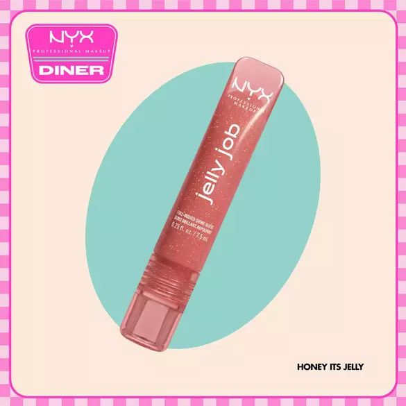 NYX Professional Makeup Jelly Job gloss in shade 12 Jelly Squeeze displayed diagonally on a beige background with a teal oval and NYX Diner logo.